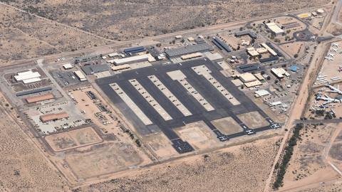 An aerial view of Silverbell Army Heliport (02AZ) from the west