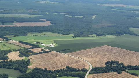 Aerial view of the soft field runway at Massey Aerodrome, MD1, in Maryland. 