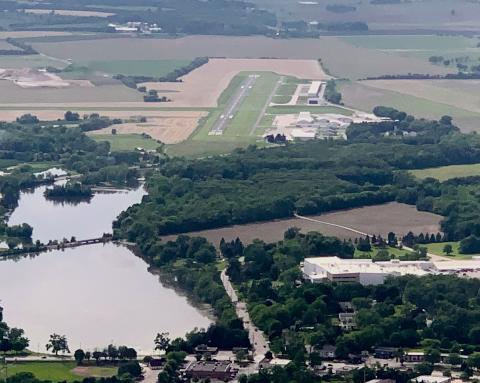 aerial photo of Burlington (WI) Municipal Airport KBUU from E, N of Echo Lake