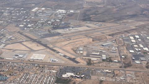 An aerial view of Tucson International Airport (TUS) from the west